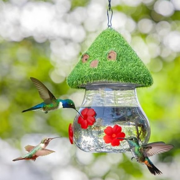 Hummingbird Feeder w/ Green Thatched Roof Style + 3 Red Petal Spouts - Picture 1 of 11
